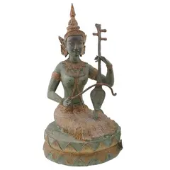 Decoratiune vintage din bronz zeita Saraswati cantand la veena, 20cm