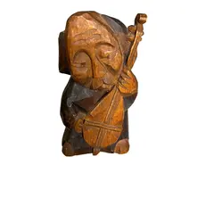 Figurina vintage din lemn sculptat manual muzician tribal violoncelist - 15,5cm