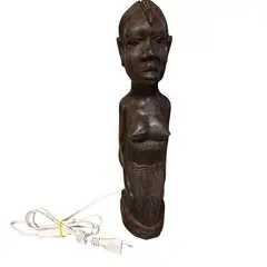 Lampa vintage din lemn sculptata manual femeie africana cu copil, 46cm