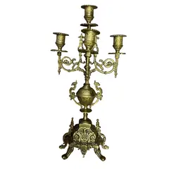 Sfesnic vintage din alama cu cinci brate ornamentale, 42cm