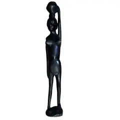 Statueta vintage femeie africana din lemn, cu vas pe cap - 63cm