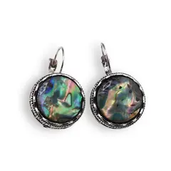 Cercei cu agatatoare model rotund cu montura argintie, Scoica Abalone - 20mm