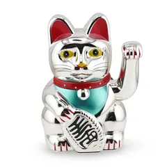 Pisica norocoasa Maneki Neko argintie pentru prosperitate si noroc, 15,5cm