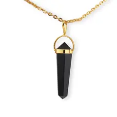 Pandantiv dublu varf cu montura si lant auriu, Obsidian 40mm
