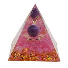 Piramida orgon Cuart roz cu steluta si sfera Ametist, 5cm