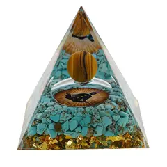Piramida orgon Turcoaz cu simbolul celor 7 chakre in pozitia lotus si sfera Ochi de tigru, 5cm