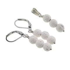 Set Cercei si Pandantiv Roca Vulcanica alba sfere, 6mm