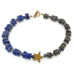 Bratara Lapis lazuli si Pirita discuri 6-7mm, Lapis lazuli sfere 4mm si steluta din Hematit auriu