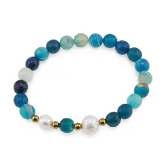Bratara pe elastic Perle de cultura, bumbi aurii si Agat albastru dantelat sfere fatetate 8mm