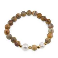 Bratara pe elastic Perle de cultura, bumbi aurii si Agat crazy lace sfere 8mm