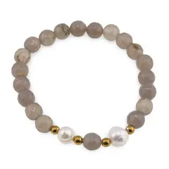 Bratara pe elastic Perle de cultura, bumbi aurii si Agat gri sfere fatetate 8mm