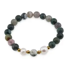 Bratara pe elastic Perle de cultura, bumbi aurii si Agat indian sfere 8mm