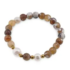 Bratara pe elastic Perle de cultura, bumbi aurii si Agat maro patat sfere fatetate 8mm