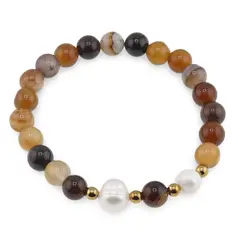Bratara pe elastic Perle de cultura, bumbi aurii si Agat maro sfere 8mm