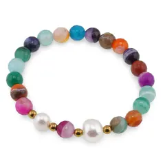Bratara pe elastic Perle de cultura, bumbi aurii si Agat multicolor dantelat sfere fatetate 8mm