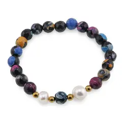 Bratara pe elastic Perle de cultura, bumbi aurii si Agat multicolor patat sfere fatetate 8mm