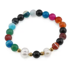 Bratara pe elastic Perle de cultura, bumbi aurii si Agat multicolor sfere 8mm