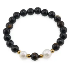 Bratara pe elastic Perle de cultura, bumbi aurii si Agat negru sfere 8mm