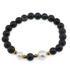 Bratara pe elastic Perle de cultura, bumbi aurii si Agat negru spider sfere 8mm