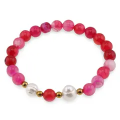 Bratara pe elastic Perle de cultura, bumbi aurii si Agat roz sfere 8mm