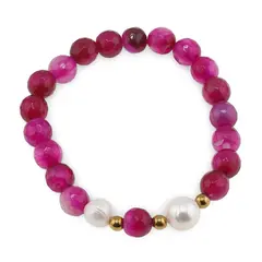 Bratara pe elastic Perle de cultura, bumbi aurii si Agat roz sfere fatetate 8mm