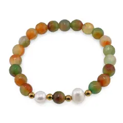 Bratara pe elastic Perle de cultura, bumbi aurii si Agat verde cu galben sfere fatetate 8mm