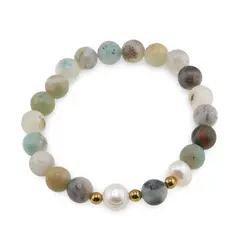 Bratara pe elastic Perle de cultura, bumbi aurii si Amazonit sfere 8mm