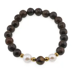 Bratara pe elastic Perle de cultura, bumbi aurii si Bronzit sfere 8mm