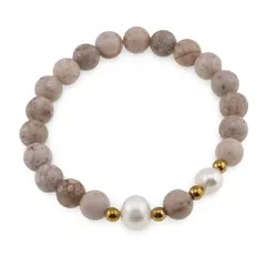 Bratara pe elastic Perle de cultura, bumbi aurii si Coral fosilic sfere 8mm