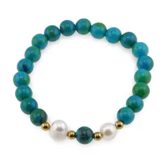 Bratara pe elastic Perle de cultura, bumbi aurii si Crisocola sfere 8mm