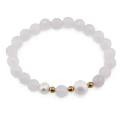 Bratara pe elastic Perle de cultura, bumbi aurii si Cuart roz sfere fatetate 8mm