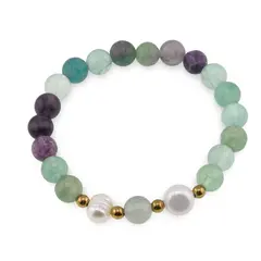 Bratara pe elastic Perle de cultura, bumbi aurii si Fluorit sfere 8mm