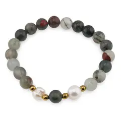 Bratara pe elastic Perle de cultura, bumbi aurii si Heliotrop sfere 8mm