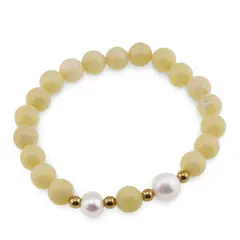Bratara pe elastic Perle de cultura, bumbi aurii si Jad olive sfere 8mm
