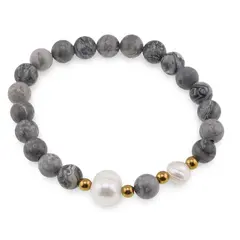Bratara pe elastic Perle de cultura, bumbi aurii si Jasp earth sfere 8mm