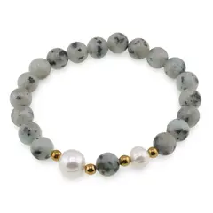Bratara pe elastic Perle de cultura, bumbi aurii si Jasp kiwi sfere 8mm