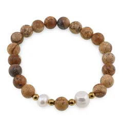Bratara pe elastic Perle de cultura, bumbi aurii si Jasp peisaj sfere 8mm