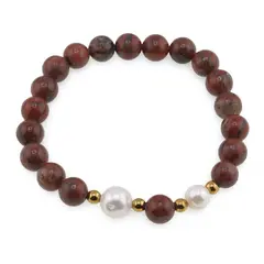 Bratara pe elastic Perle de cultura, bumbi aurii si Jasp rainbow sfere 8mm