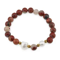 Bratara pe elastic Perle de cultura, bumbi aurii si Jasp rosu sfere 8mm