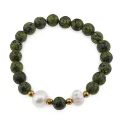 Bratara pe elastic Perle de cultura, bumbi aurii si Jasp sesame verde sfere 8mm