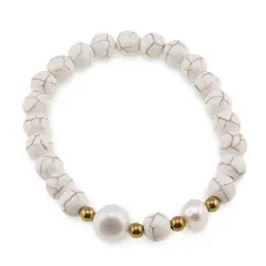 Bratara pe elastic Perle de cultura, bumbi aurii si Magnezit sfere 8mm