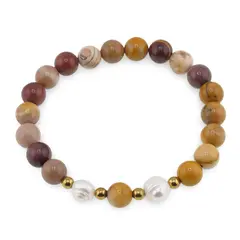 Bratara pe elastic Perle de cultura, bumbi aurii si Mookait sfere 8mm