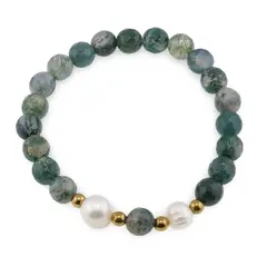 Bratara pe elastic Perle de cultura, bumbi aurii si Mossagat sfere fatetate 8mm
