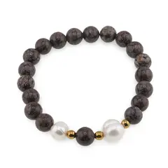 Bratara pe elastic Perle de cultura, bumbi aurii si Obsidian fulg de nea maro sfere 8mm