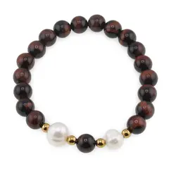 Bratara pe elastic Perle de cultura, bumbi aurii si Ochi de taur sfere 8mm