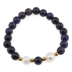 Bratara pe elastic Perle de cultura, bumbi aurii si Ochi de tigru mov sfere 8mm