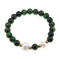 Bratara pe elastic Perle de cultura, bumbi aurii si Ochi de tigru verde sfere 8mm