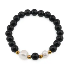 Bratara pe elastic Perle de cultura, bumbi aurii si Onix sfere 8mm