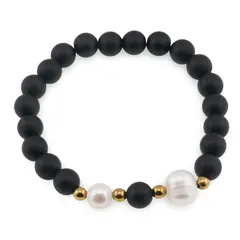 Bratara pe elastic Perle de cultura, bumbi aurii si Onix sfere mate 8mm