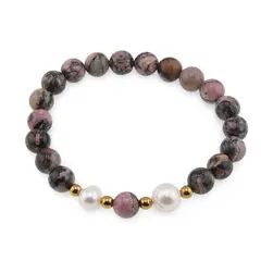 Bratara pe elastic Perle de cultura, bumbi aurii si Rodonit sfere 8mm